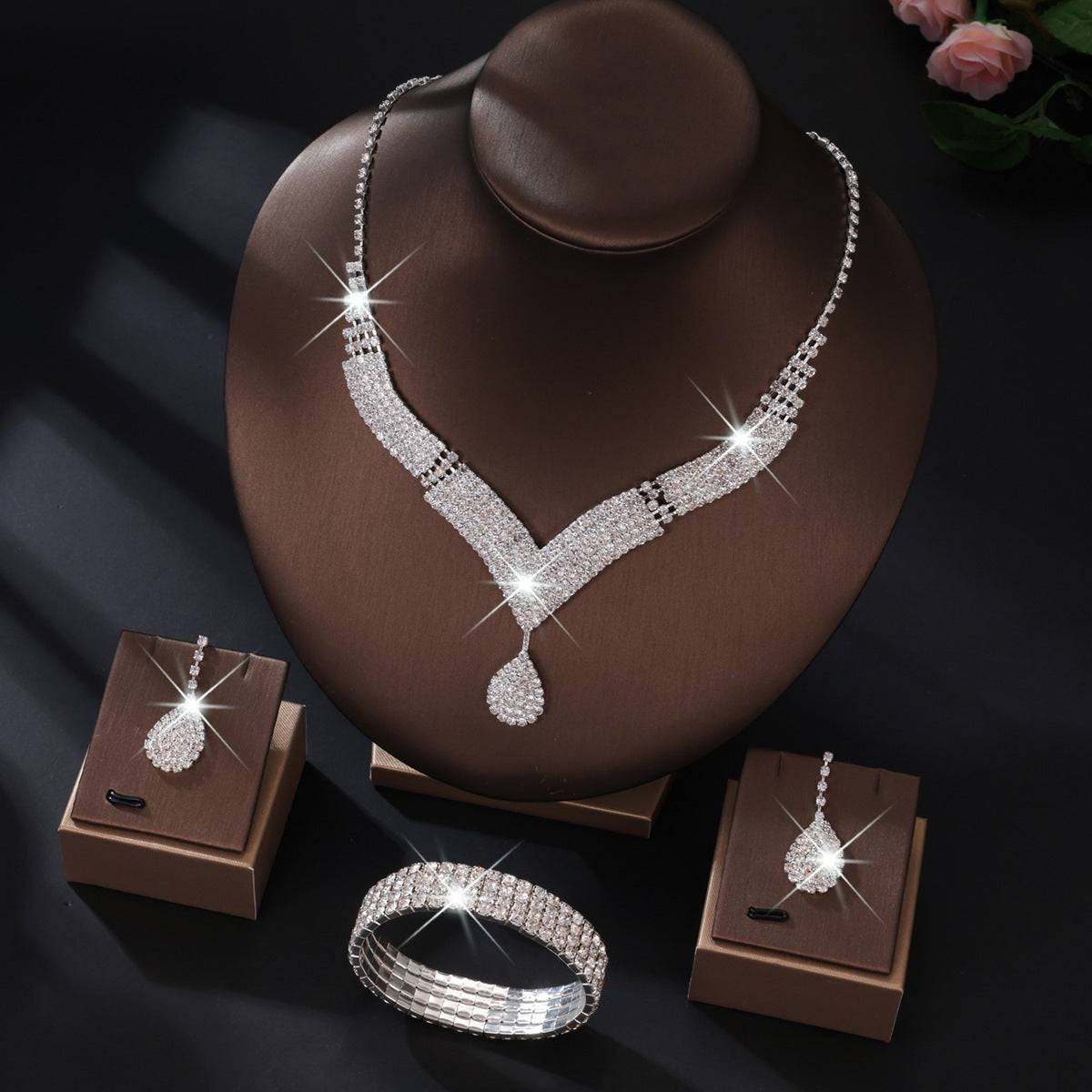 Sparkling V-Neck Necklace & Teardrop Earrings Set