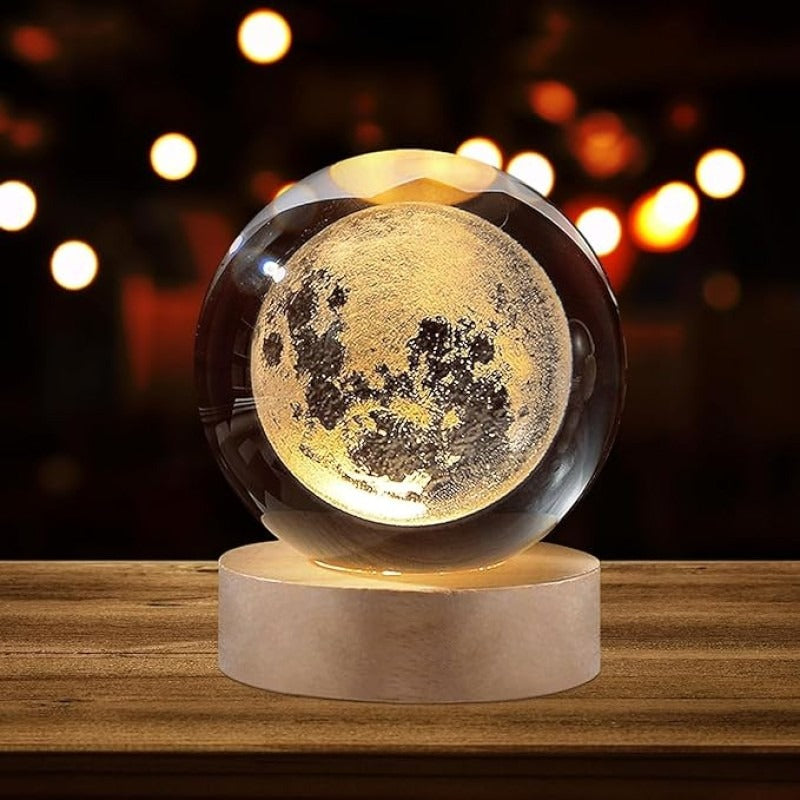 3D Galaxy Crystal Ball Lamp with Wooden LED Base – Decorative Night Light (Only Moon Shape) Siddique Store