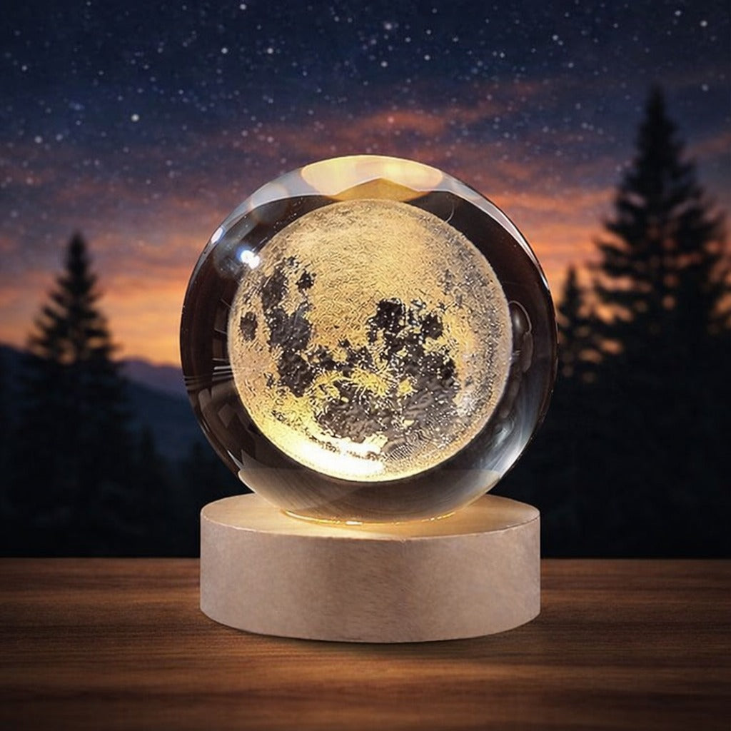 3D Galaxy Crystal Ball Lamp with Wooden LED Base – Decorative Night Light (Only Moon Shape) Siddique Store