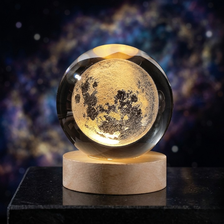3D Galaxy Crystal Ball Lamp with Wooden LED Base – Decorative Night Light (Only Moon Shape) Siddique Store