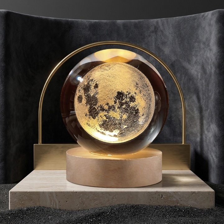 3D Galaxy Crystal Ball Lamp with Wooden LED Base – Decorative Night Light (Only Moon Shape) Siddique Store