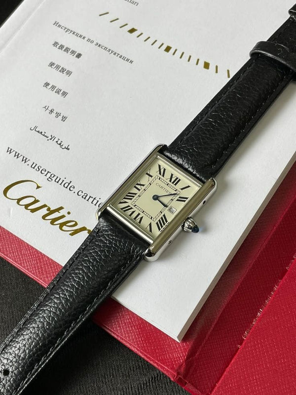 Cartier Tank Roman Numerals Watch - Leather Straps Black White Dial Siddique Store