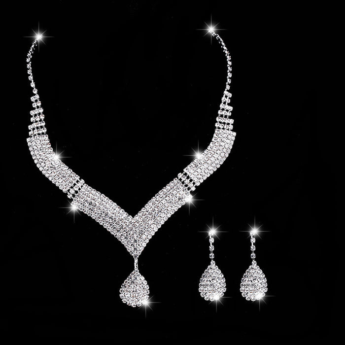 Sparkling V-Neck Necklace & Teardrop Earrings Set