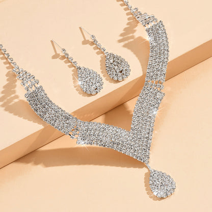 Sparkling V-Neck Necklace & Teardrop Earrings Set