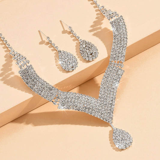 Sparkling V-Neck Necklace & Teardrop Earrings Set