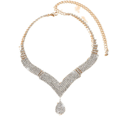 Sparkling V-Neck Necklace & Teardrop Earrings Set