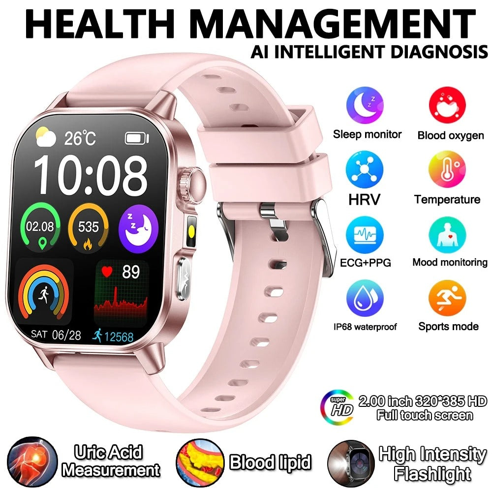 2026 New Model Uric Acid & Lipid Health Analysis Smart Watch Men ECG+PPG Bluetooth Call 2.01-inch Flashlight Smartwatch Women Siddique Store