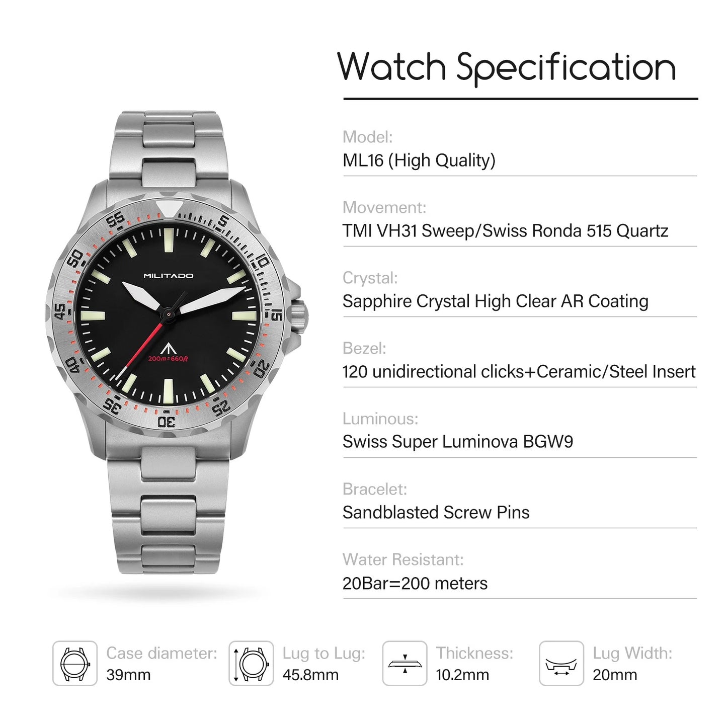 Militado Watch 39mm Dive Watches Sapphire Crystal 200M Water Resistant Swiss Luminous Ceramic Bezel Quartz Wristwatch for Men