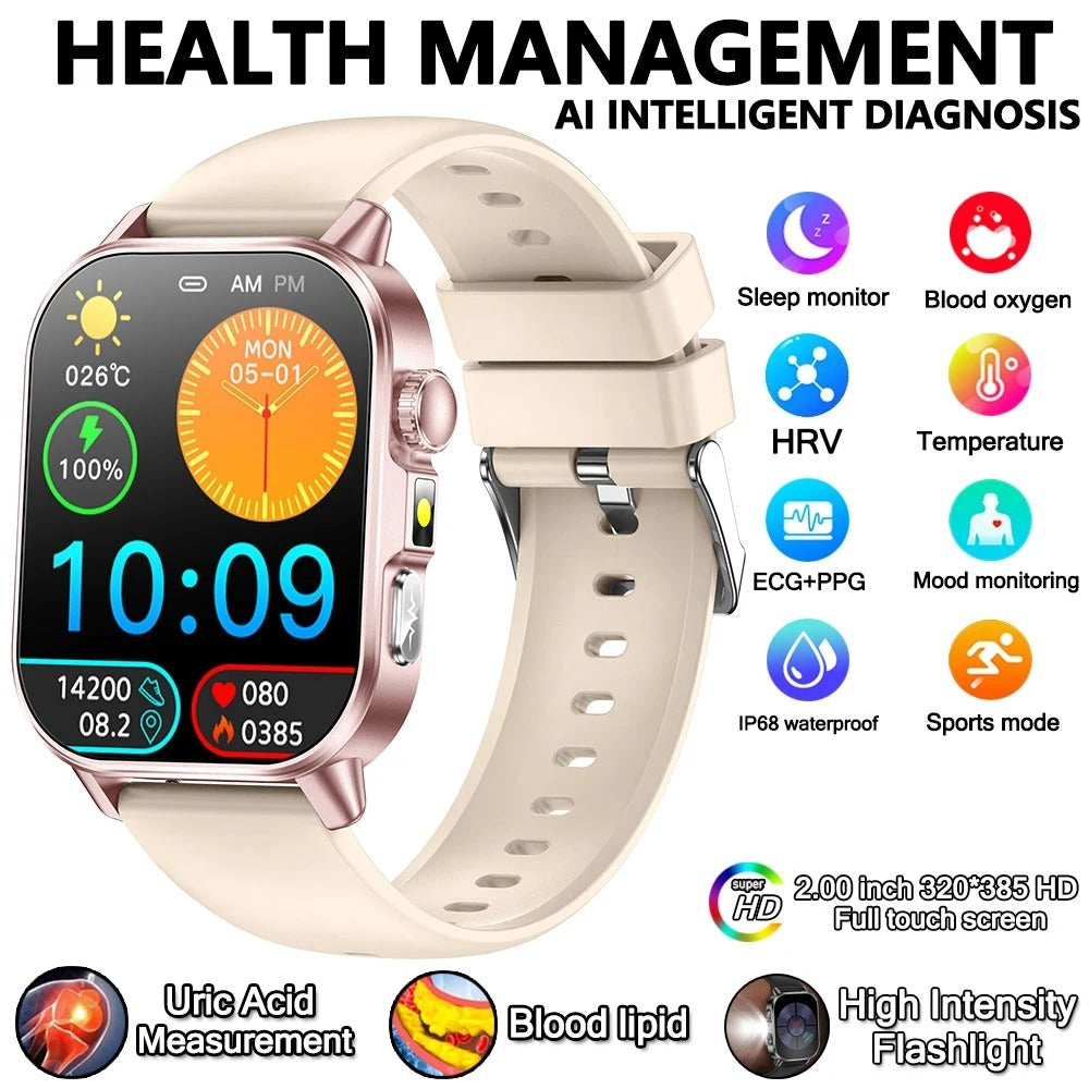 2026 New Model Uric Acid & Lipid Health Analysis Smart Watch Men ECG+PPG Bluetooth Call 2.01-inch Flashlight Smartwatch Women Siddique Store
