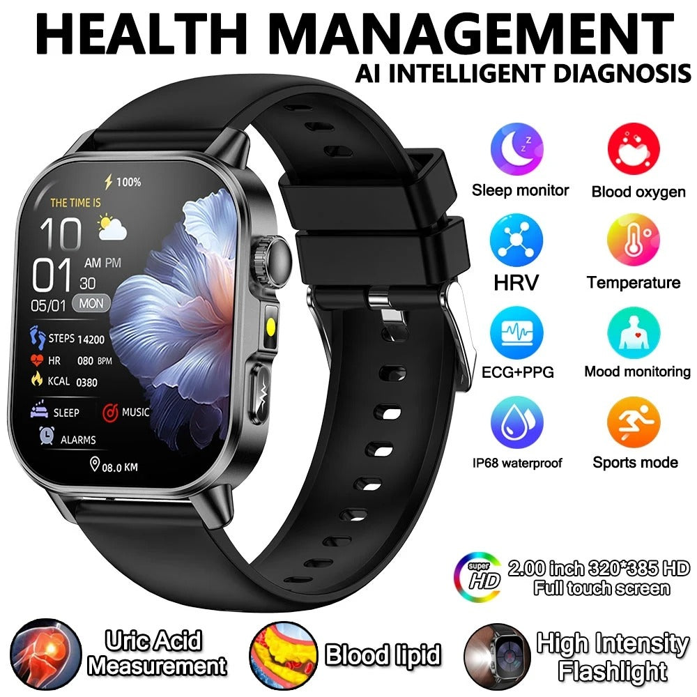 2026 New Model Uric Acid & Lipid Health Analysis Smart Watch Men ECG+PPG Bluetooth Call 2.01-inch Flashlight Smartwatch Women Siddique Store