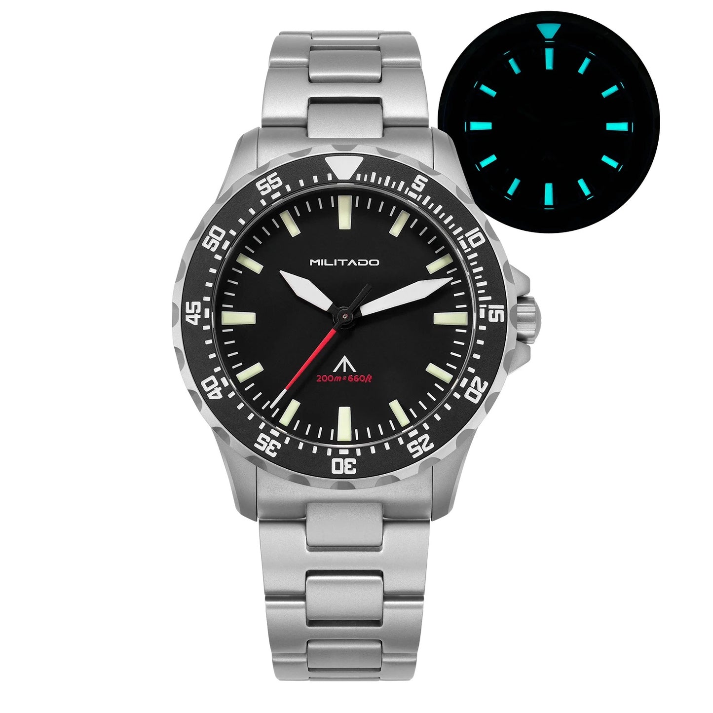 Militado Watch 39mm Dive Watches Sapphire Crystal 200M Water Resistant Swiss Luminous Ceramic Bezel Quartz Wristwatch for Men
